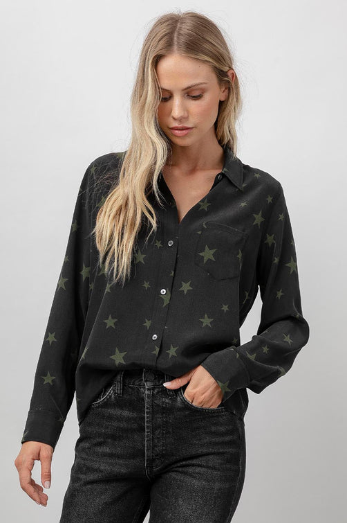 Kate Black Olive Stars Blouse- front tucked in