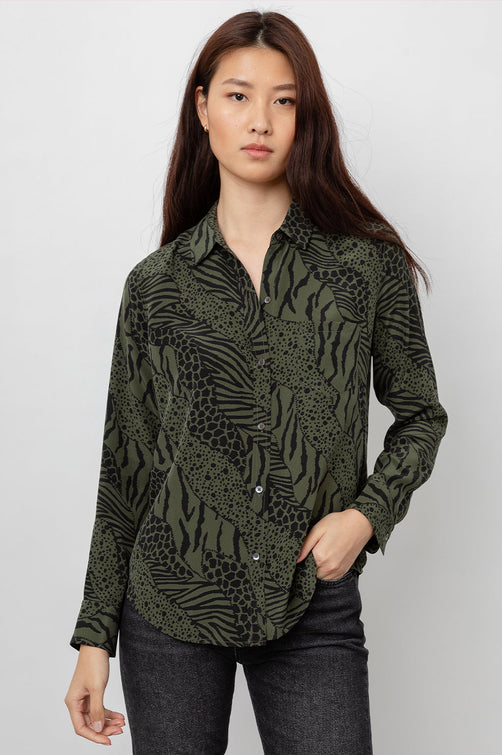 Kate Olive Mixed Animal Stripe Long Sleeve Button Down - front untucked
