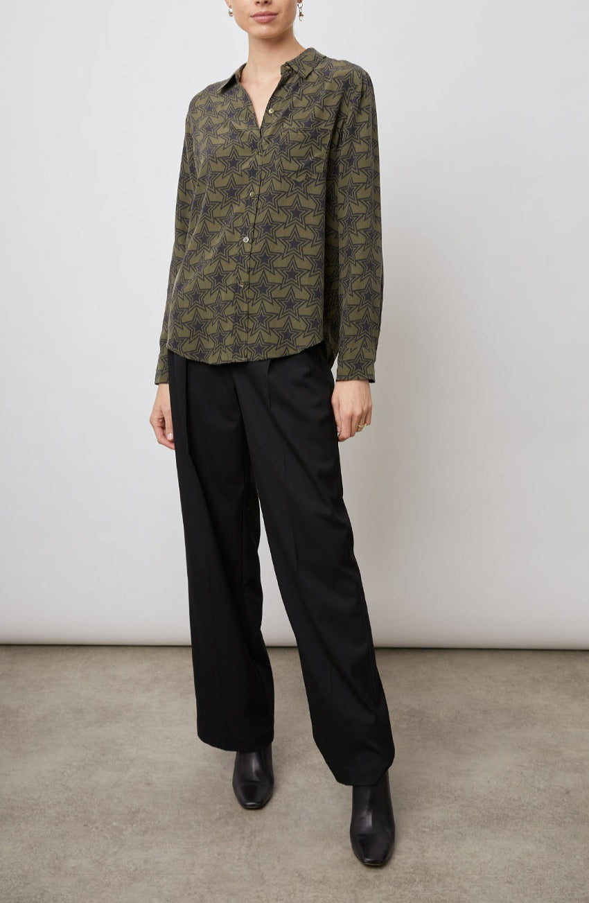 Kate Long Sleeve Button up with a Chest Patch Pocket in Olive Stargaze Colorway, Black Stars on Olive  - Front Full Body View Featured on Model