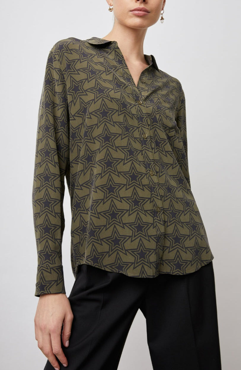 Kate Long Sleeve Button up with a Chest Patch Pocket in Olive Stargaze Colorway, Black Stars on Olive  - Front View Featured on Model