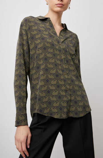 Kate Long Sleeve Button up with a Chest Patch Pocket in Olive Stargaze Colorway, Black Stars on Olive  - Front View Featured on Model