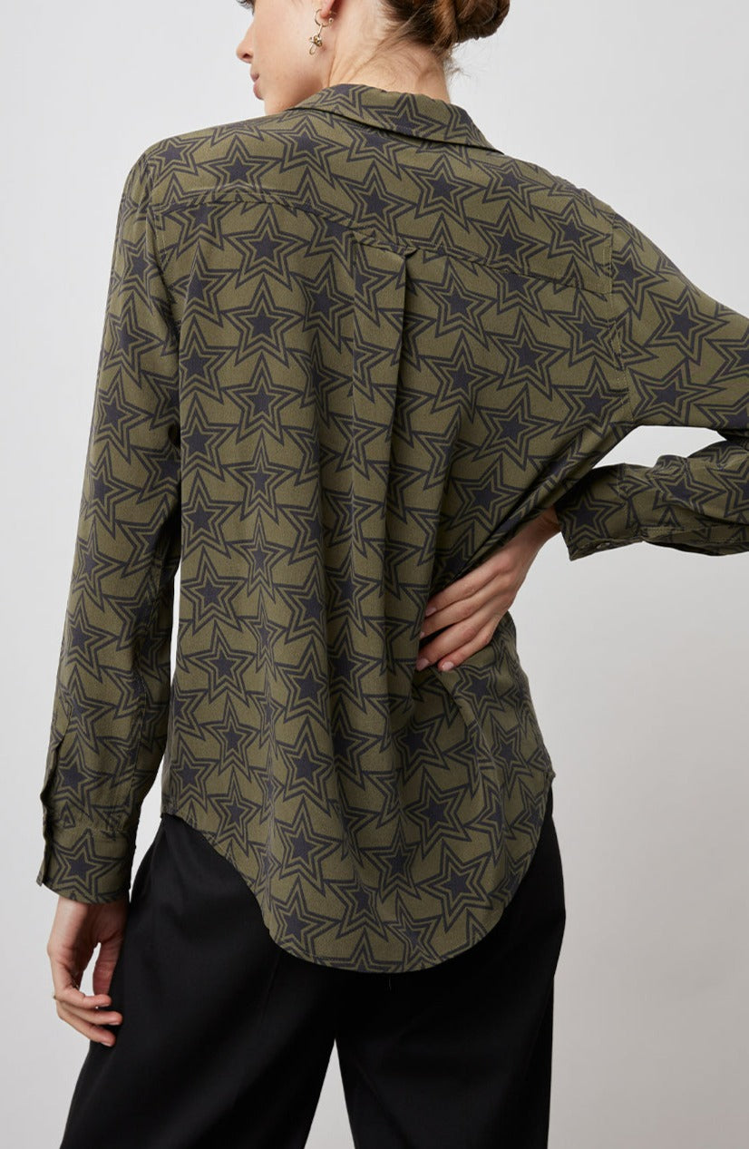 Kate Long Sleeve Button up with a Chest Patch Pocket in Olive Stargaze Colorway, Black Stars on Olive  - Back View Featured on Model