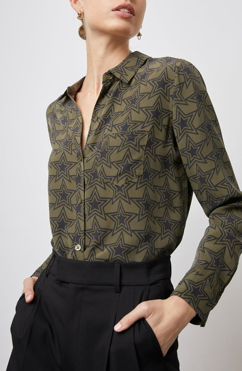 Kate Long Sleeve Button up with a Chest Patch Pocket in Olive Stargaze Colorway, Black Stars on Olive  - Front Tucked View Featured on Model