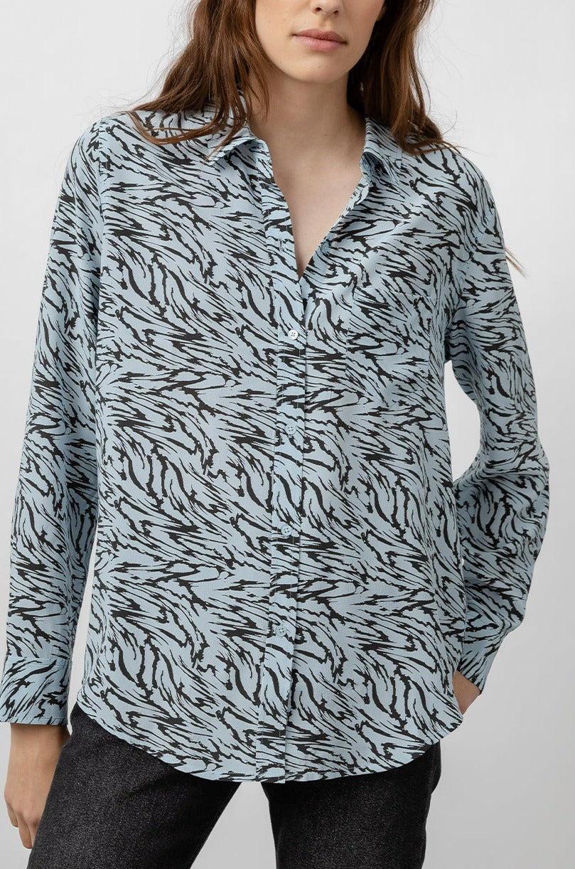 Kate Powder Blue Marbled Tiger Button Down Blouse- front untucked