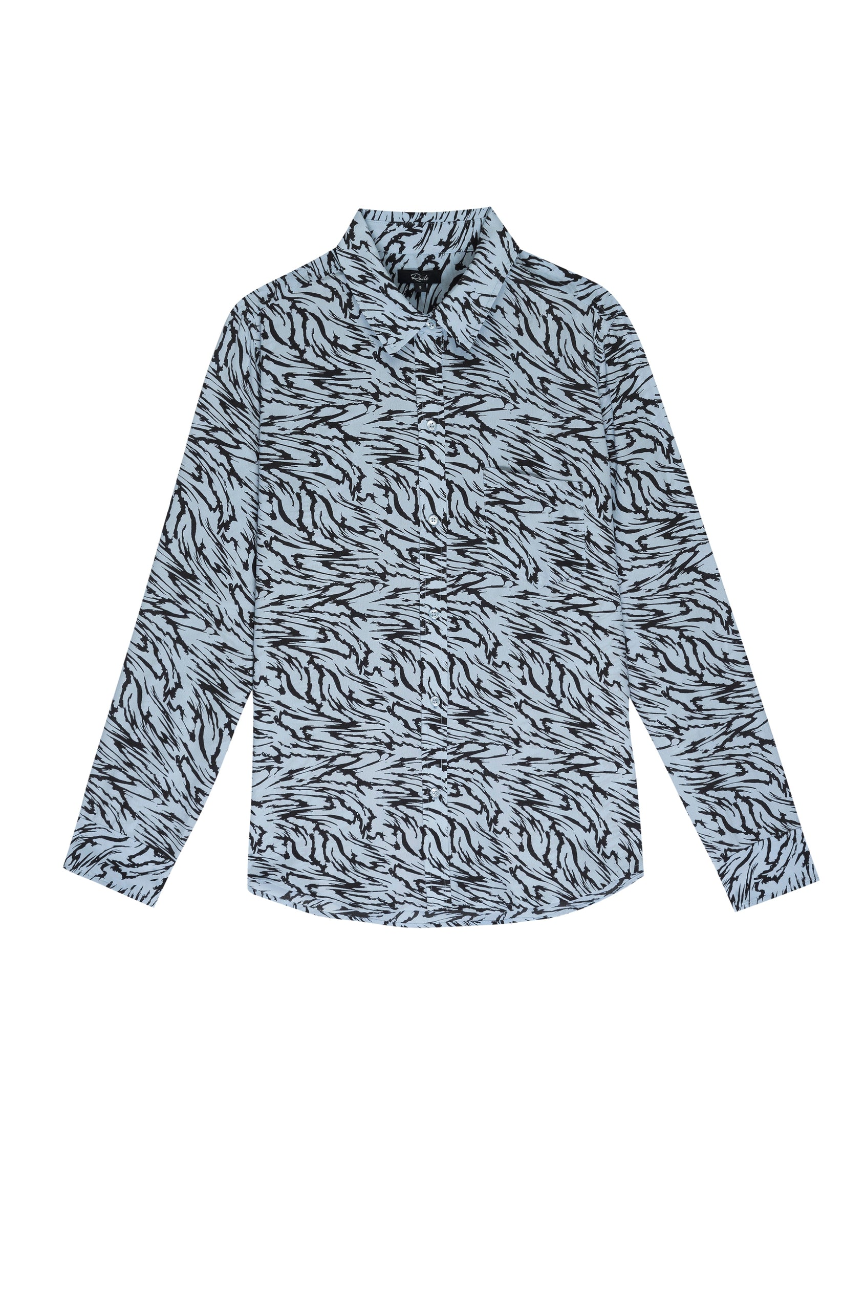 Kate Powder Blue Marbled Tiger Button Down Blouse - flat