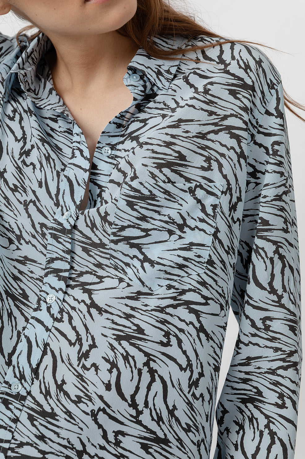 Kate Powder Blue Marbled Tiger Button Down Blouse- detail