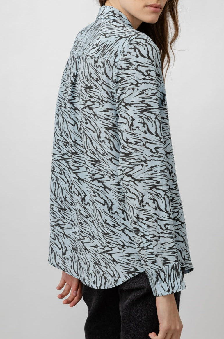 Kate Powder Blue Marbled Tiger Button Down Blouse- side angle