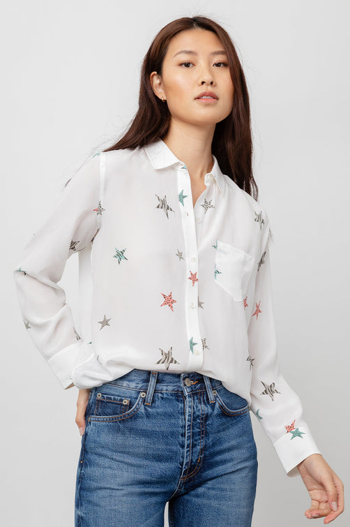 Kate White Multi Animal Stars Long Sleeve Button Down - front tucked