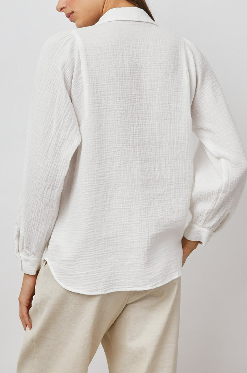 Lauren Long-Sleeve Button Up with Two Chest Patch Pockets and a V Neck in White Colorway - Back View Featured on Model