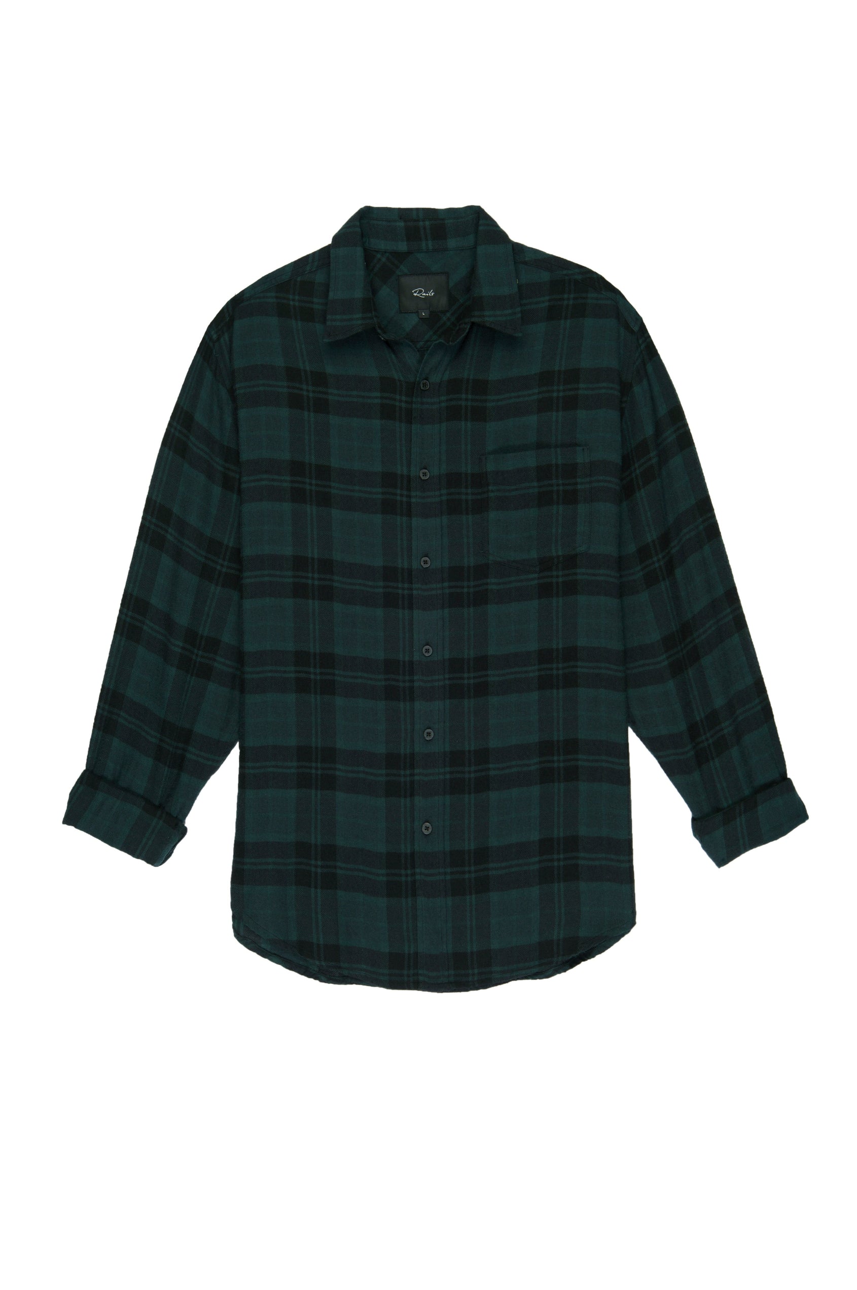 Lennox Long sleeve, button-down, relaxed fit shirt with single chest pocket in emerald green heather and onyx black plaid - flat