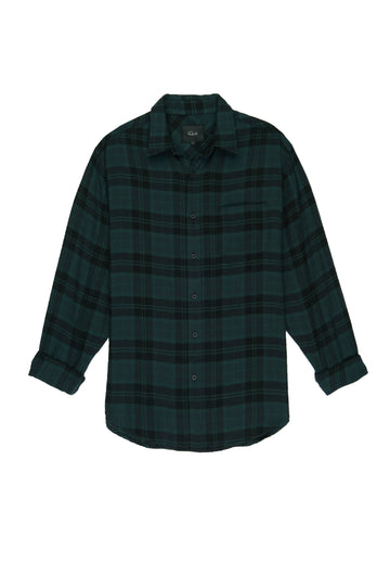 Lennox Long sleeve, button-down, relaxed fit shirt with single chest pocket in emerald green heather and onyx black plaid - flat
