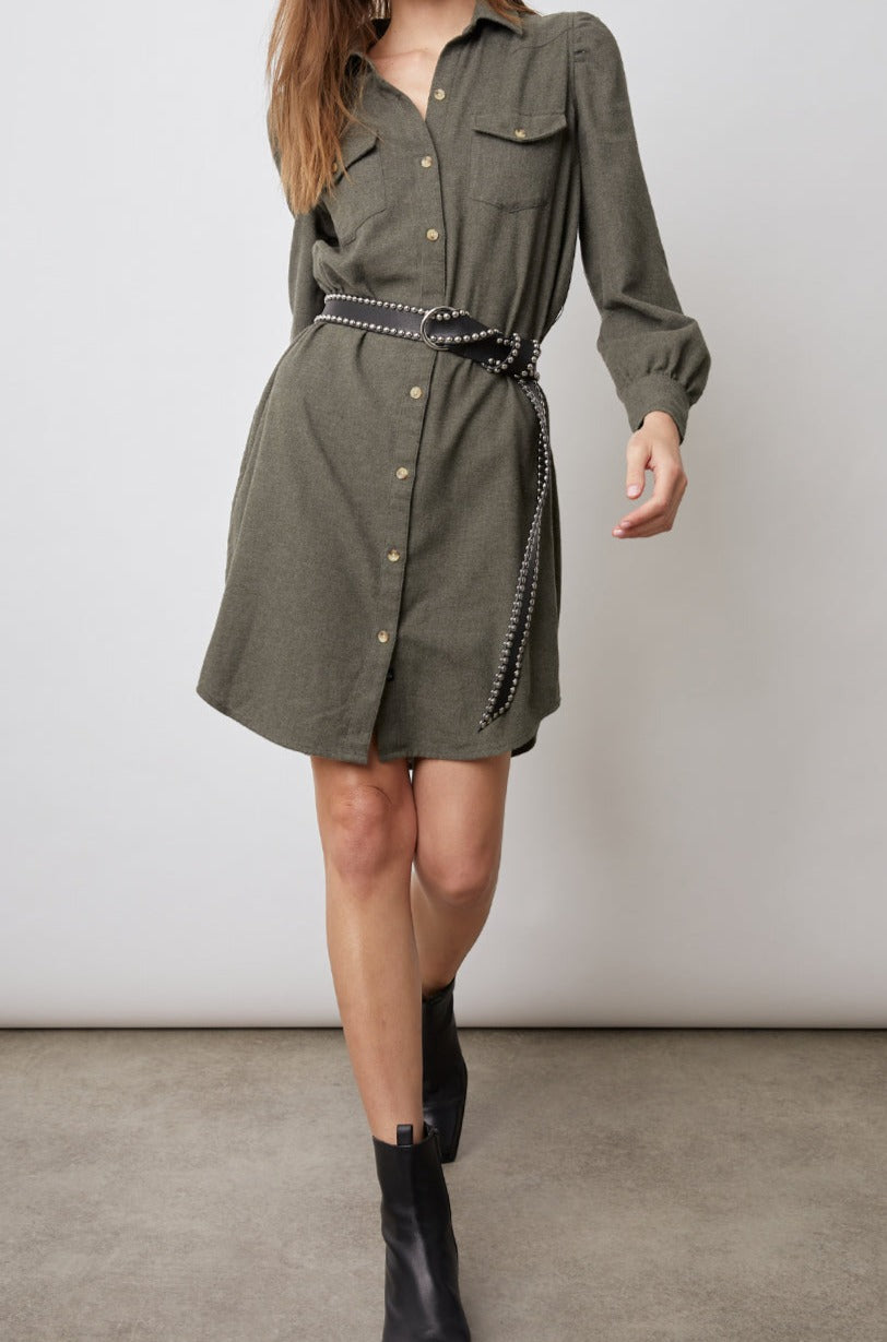 LEONA HUNTER GREEN DRESS-FULL FRONT BODY IN MOTION