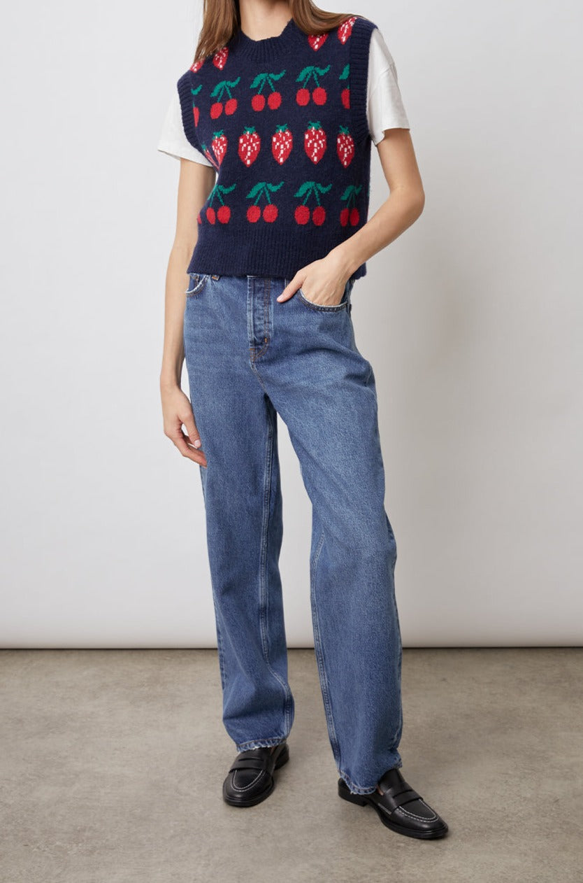 LIBBY NAVY FRUIT STRIPE VEST-FULL FRONT BODY