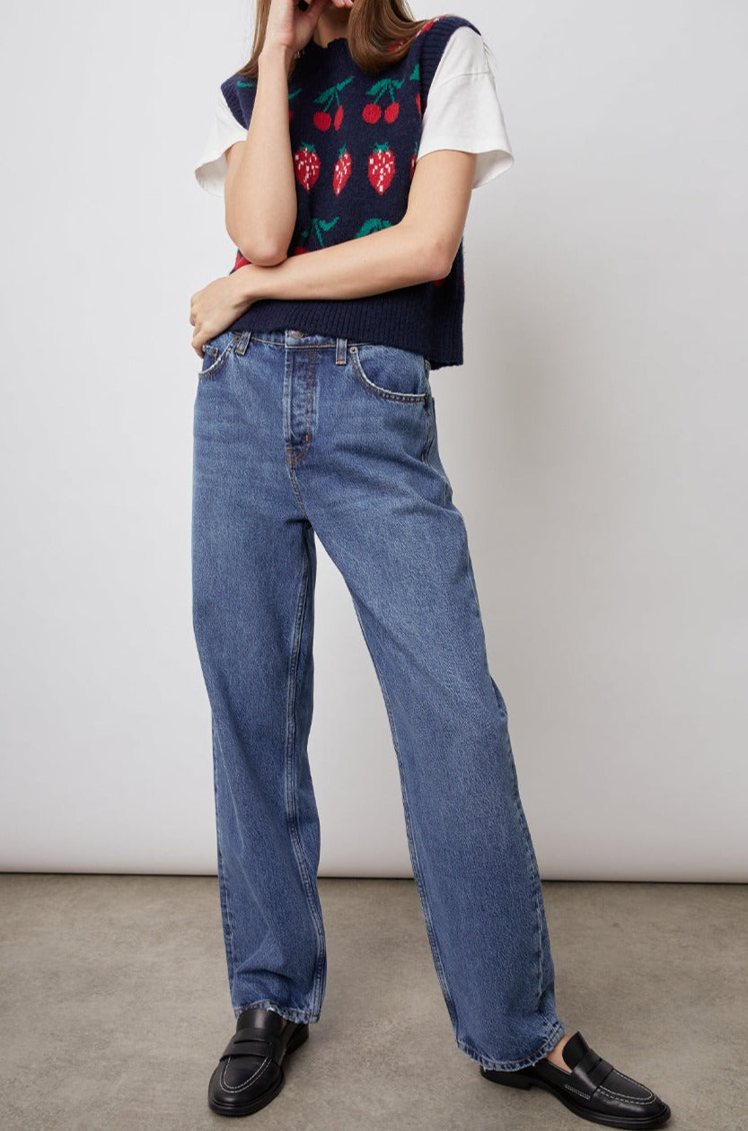 LIBBY NAVY FRUIT STRIPE VEST-FRONT FULL BODY ARMS CROSSED