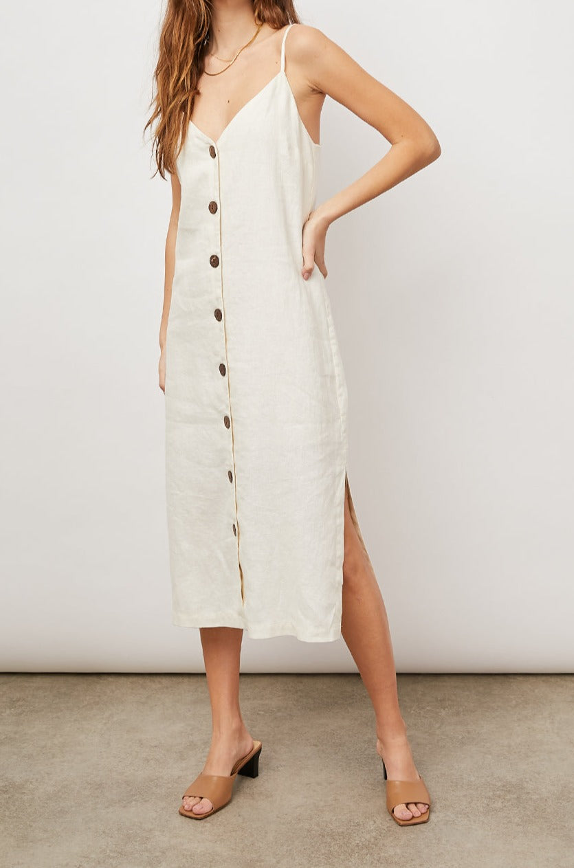 LIZZIE BISQUE BUTTON DOWN STRAPLESS DRESS- FRONT FULL BODY