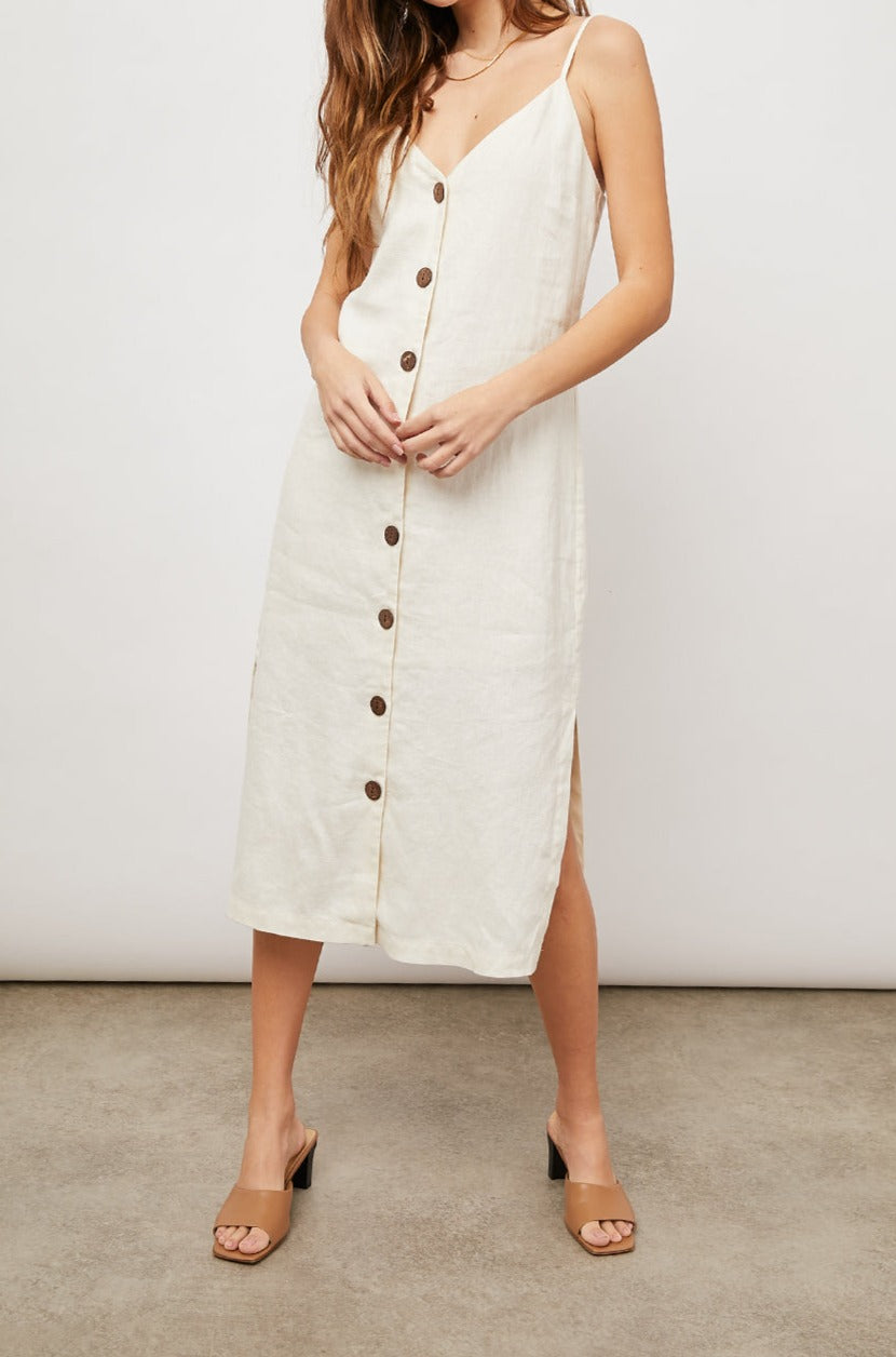 LIZZIE BISQUE BUTTON DOWN STRAPLESS DRESS-FULL FRONT BODY IN MOTION