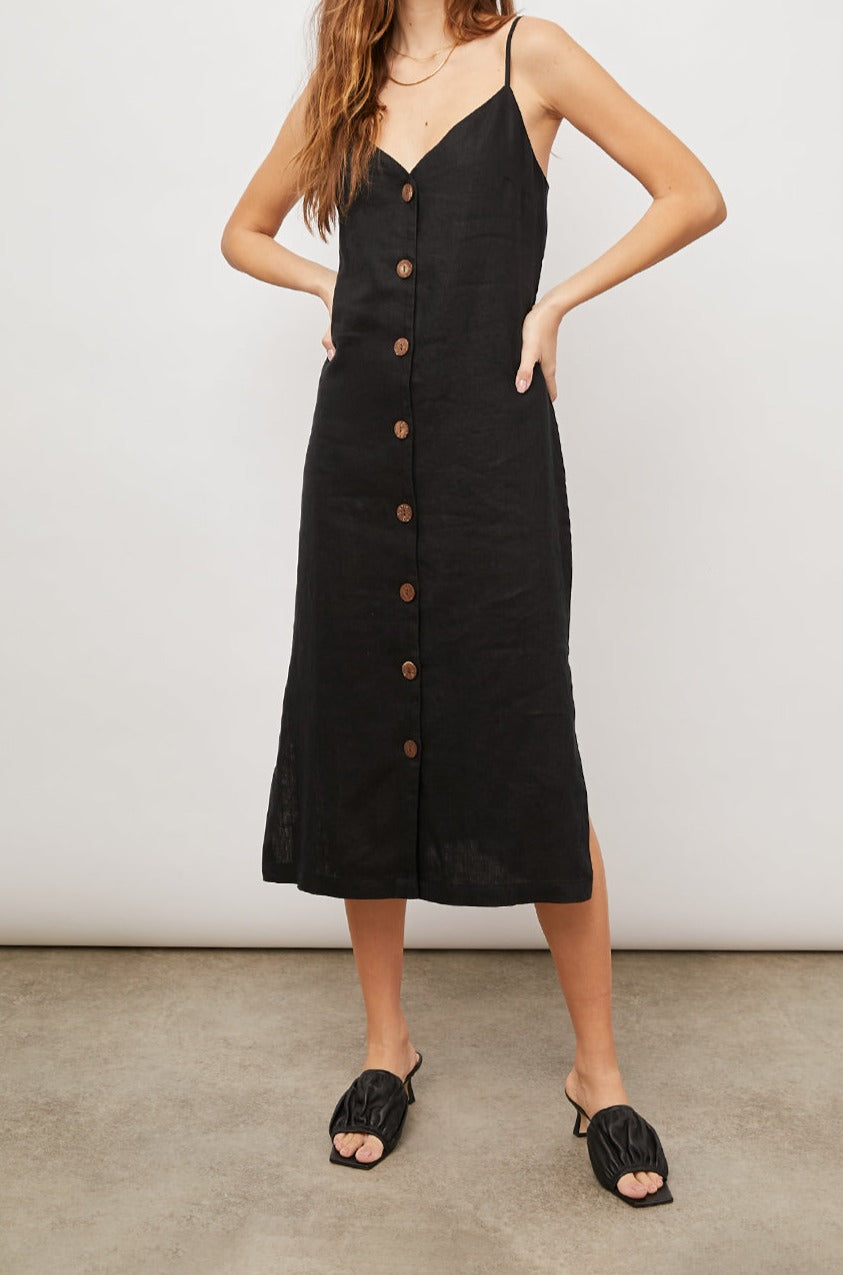 LIZZIE TRUE BACK BUTTON DOWN DRESS- FRONT FULL BODY HANDS ON HIPS