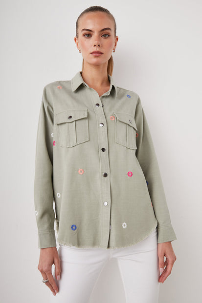 LOREN JACKET OLIVE EMBROIDERED DAISIES - FRONT BODY