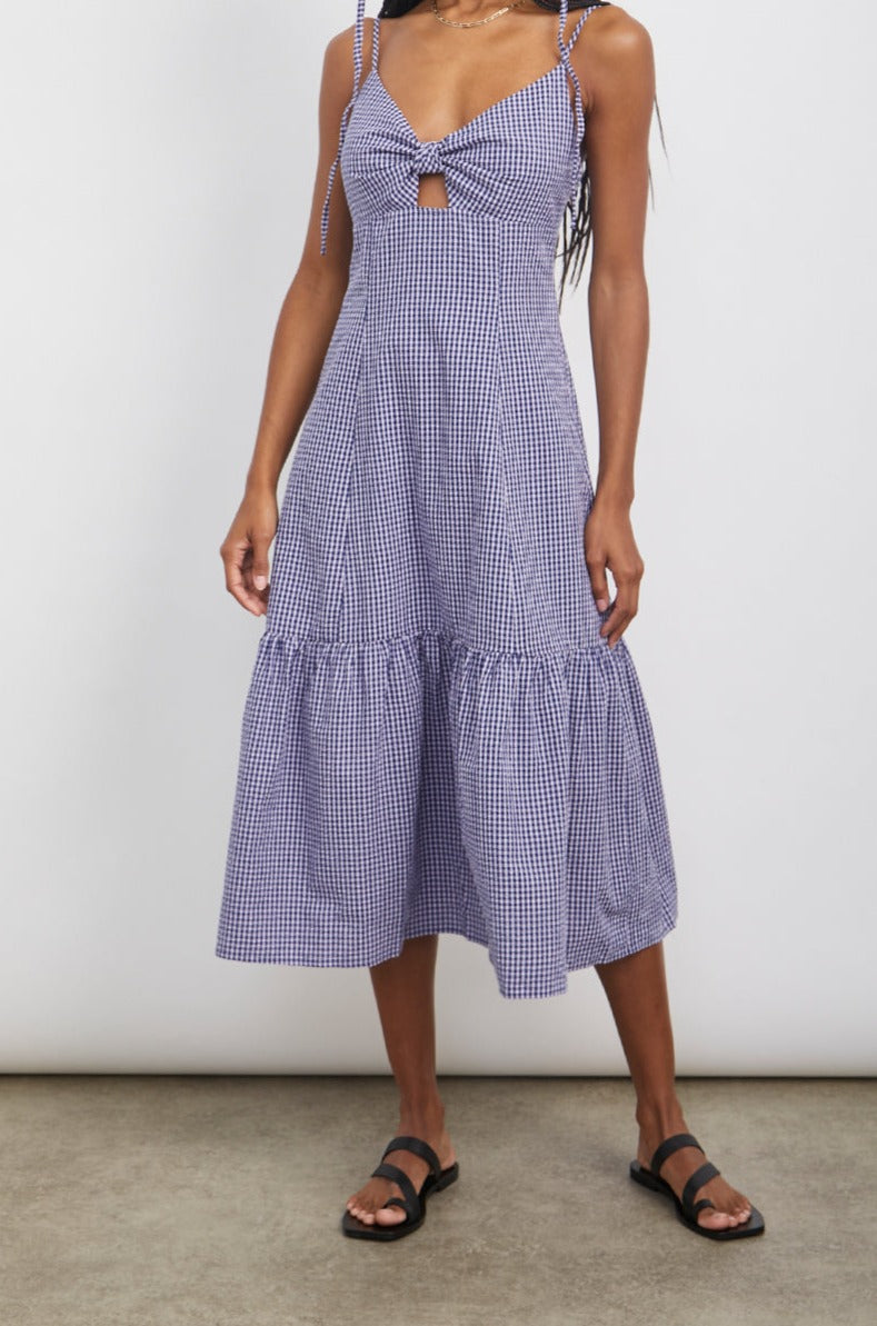 MAEVE NAVY LILAC GINGHAM DRESS- FRONT FULL BODY