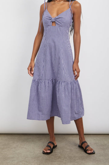 MAEVE NAVY LILAC GINGHAM DRESS- FRONT FULL BODY