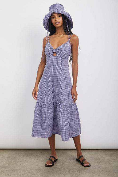 MAEVE NAVY LILAC GINGHAM DRESS- FRONT FULL BODY