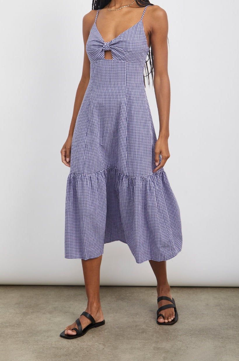 MAEVE NAVY LILAC GINGHAM DRESS-FULL FRONT BODY IN MOTION