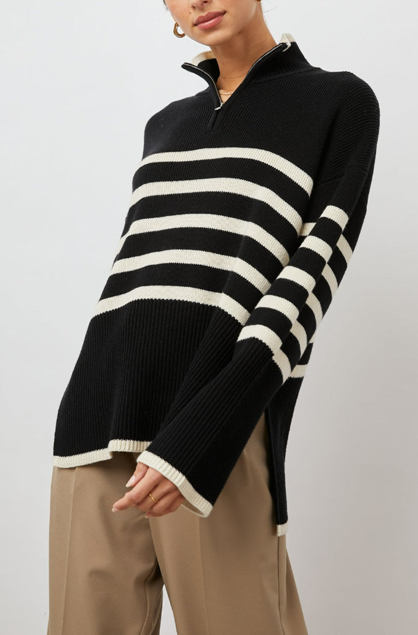 TESSA SWEATER ONYX IVORY STRIPE -SIDE ANGLE