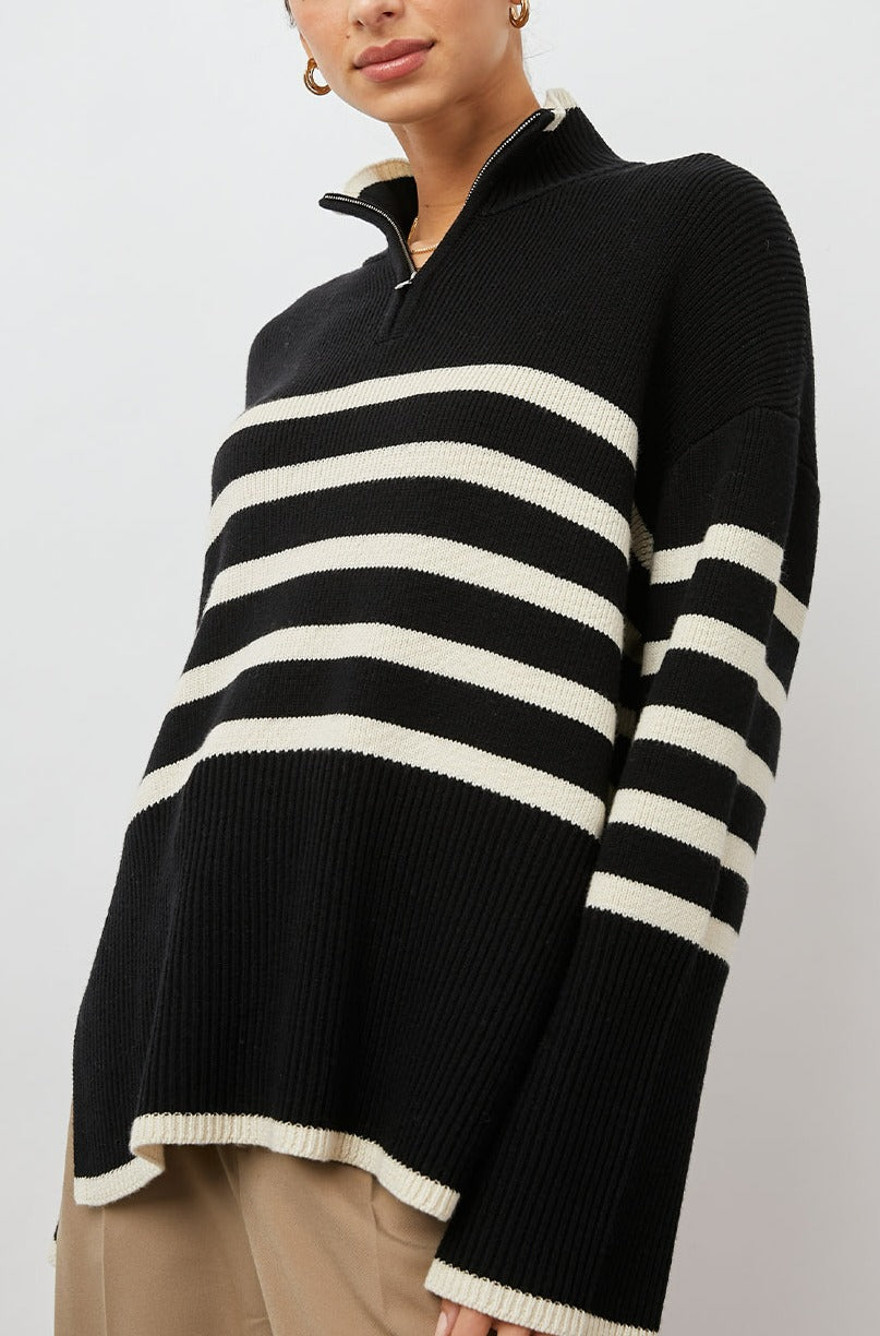 TESSA SWEATER ONYX IVORY STRIPE - FRONT