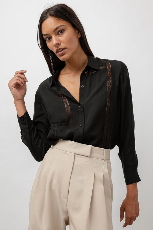 Mona Black Button Down Blouse - front tucked in