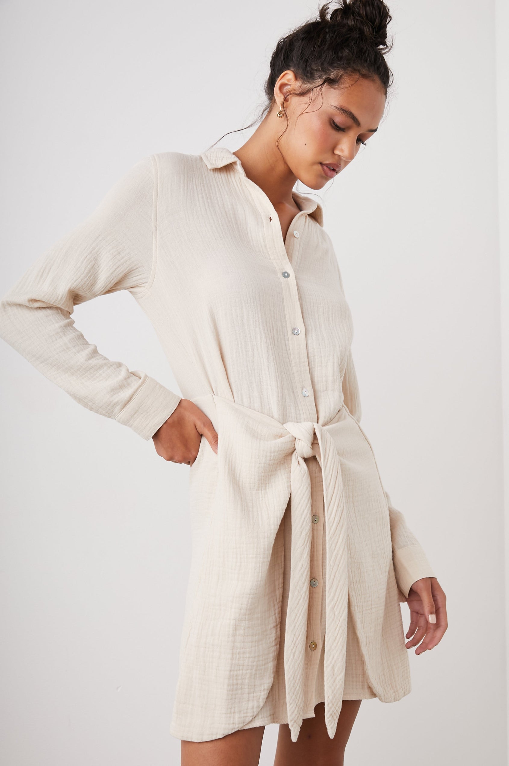 NADIA DRESS - FLAX - FRONT IN MOTION