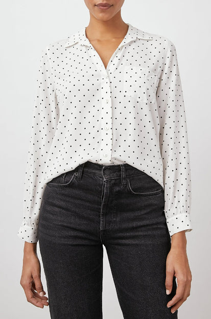 Noemi White Ebony Dots  Blouse - front tucked in