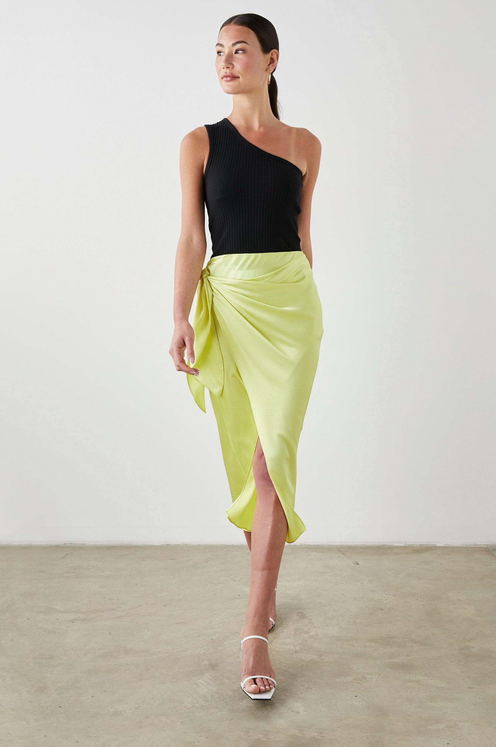 PAIGE SKIRT CHARTREUSE - FULL FRONT BODY IN MOTION