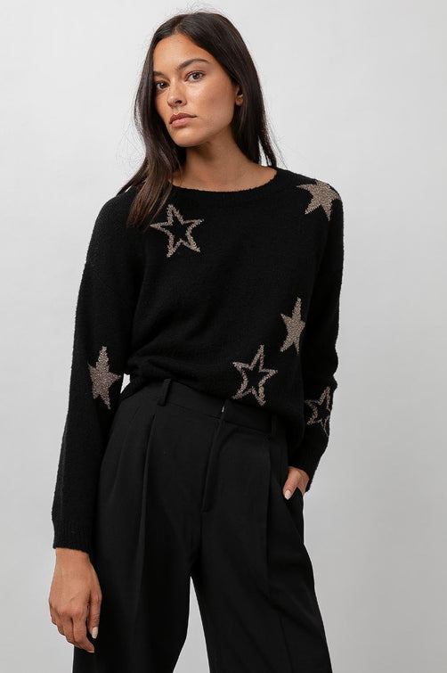 Perci Black Gold Stars Sweater - front tucked in 