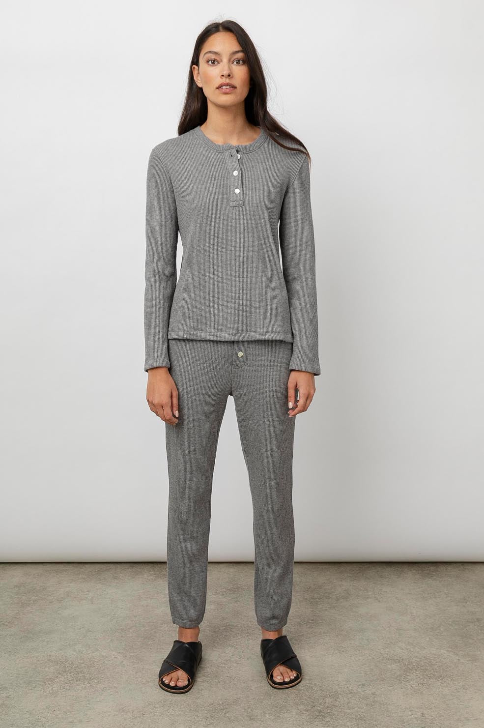 Perry Heather Grey Long Sleeve Henley- full front body