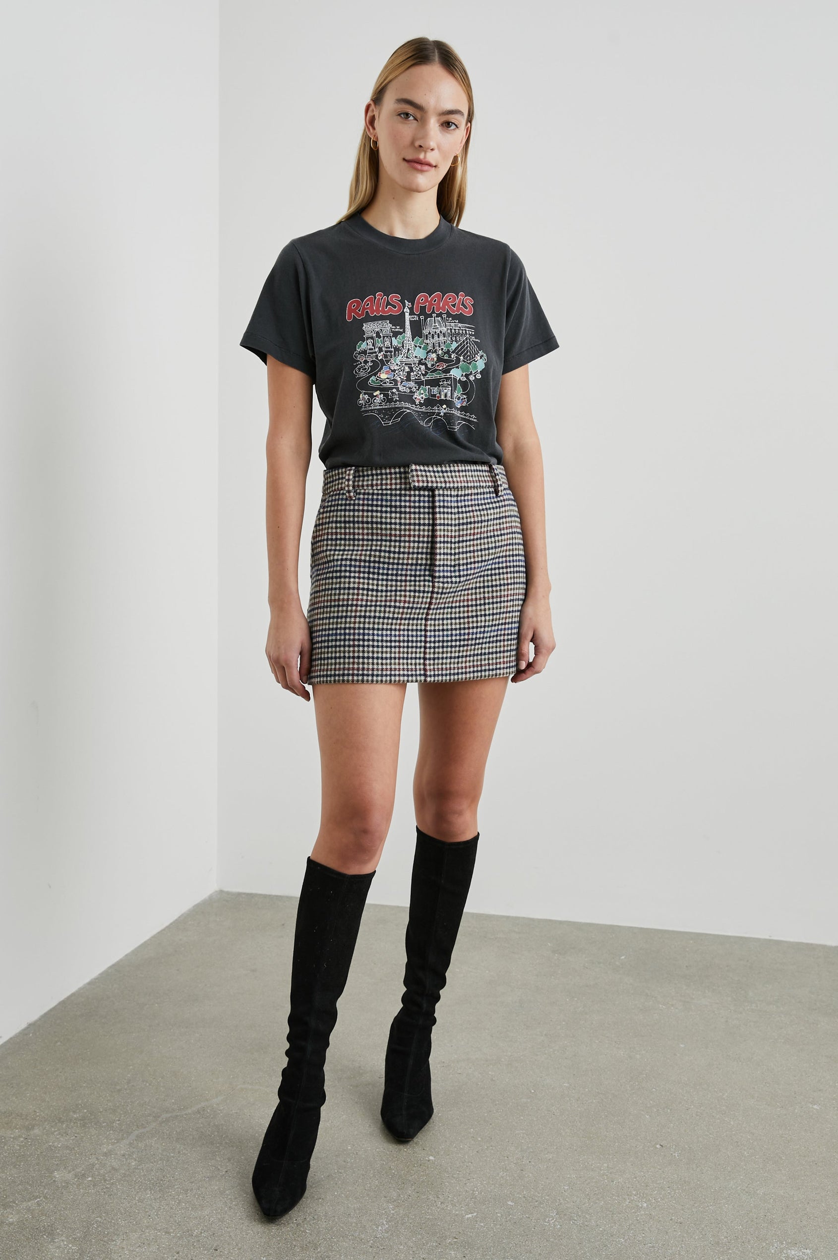 Prim Mini Skirt with Hidden Closure, Belt Loops, Two Front Pockets and Two Back Welt Pockets in Cardinal Pine Multi Colorway, a Plain in Cardinal, Pine, Navy and White - Front Full Body View Featured on Model 