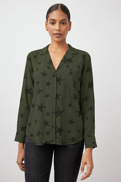 Rebel Olive Cheetah Stars Blouse- front untucked