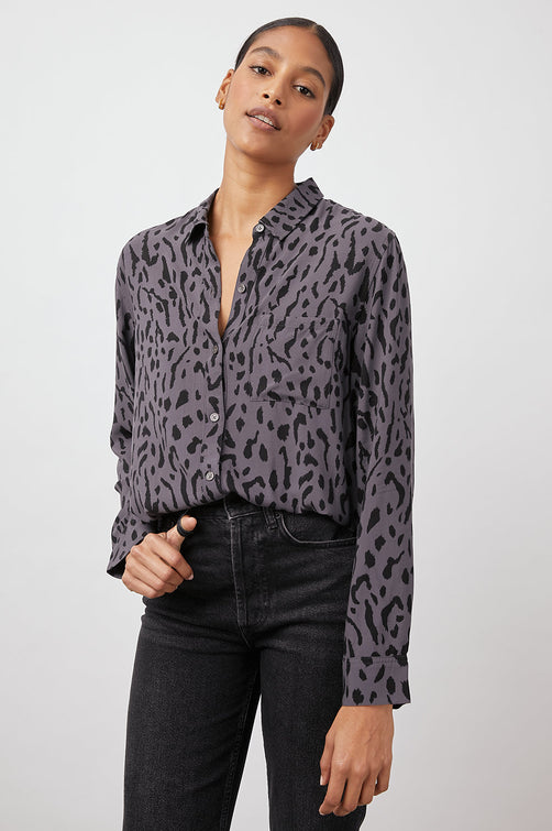 Rocsi Charcoal Ash Cheetah Blouse - front tucked in