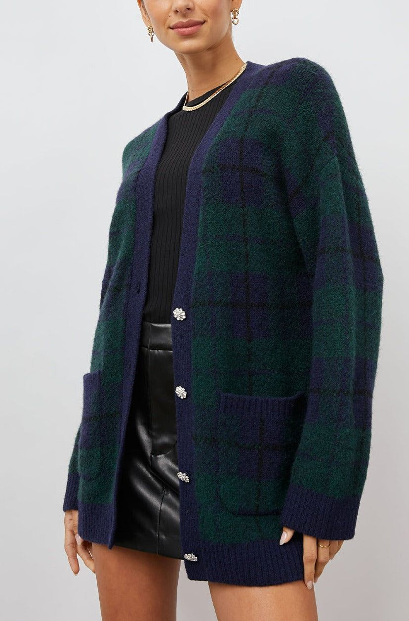 RUNI NAVY TARTAN CARDIGAN- FRONT IN MOTION