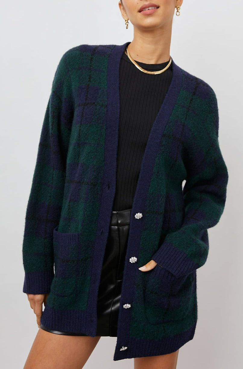 RUNI NAVY TARTAN CARDIGAN- FRONT UNBUTTONED