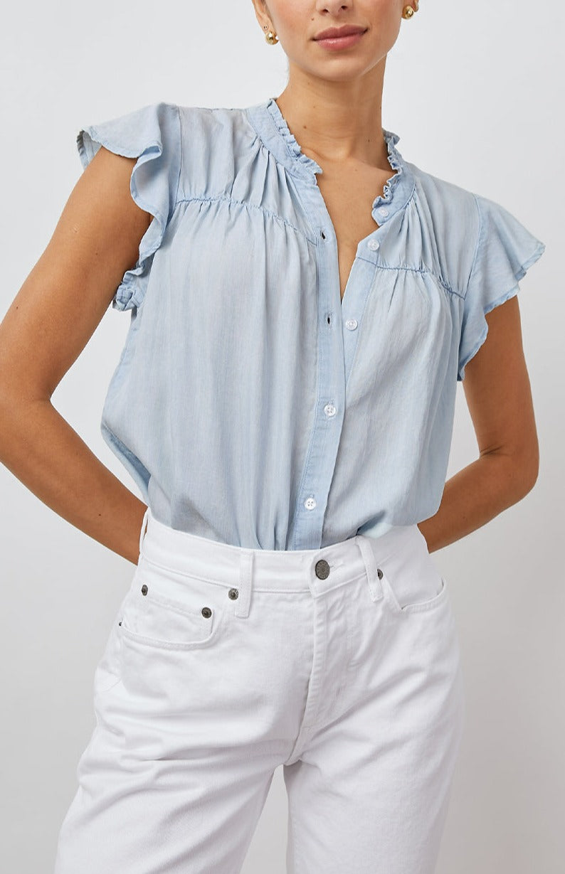 RUTHIE LIGHT VINTAGE BUTTON DOWN RUFFLE SLEEVE- FRONT TUCKED IN