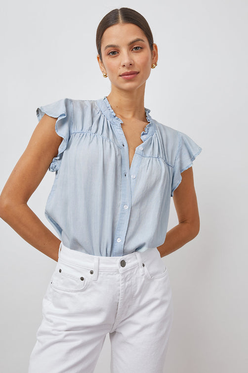 RUTHIE LIGHT VINTAGE BUTTON DOWN RUFFLE SLEEVE- FRONT TUCKED IN