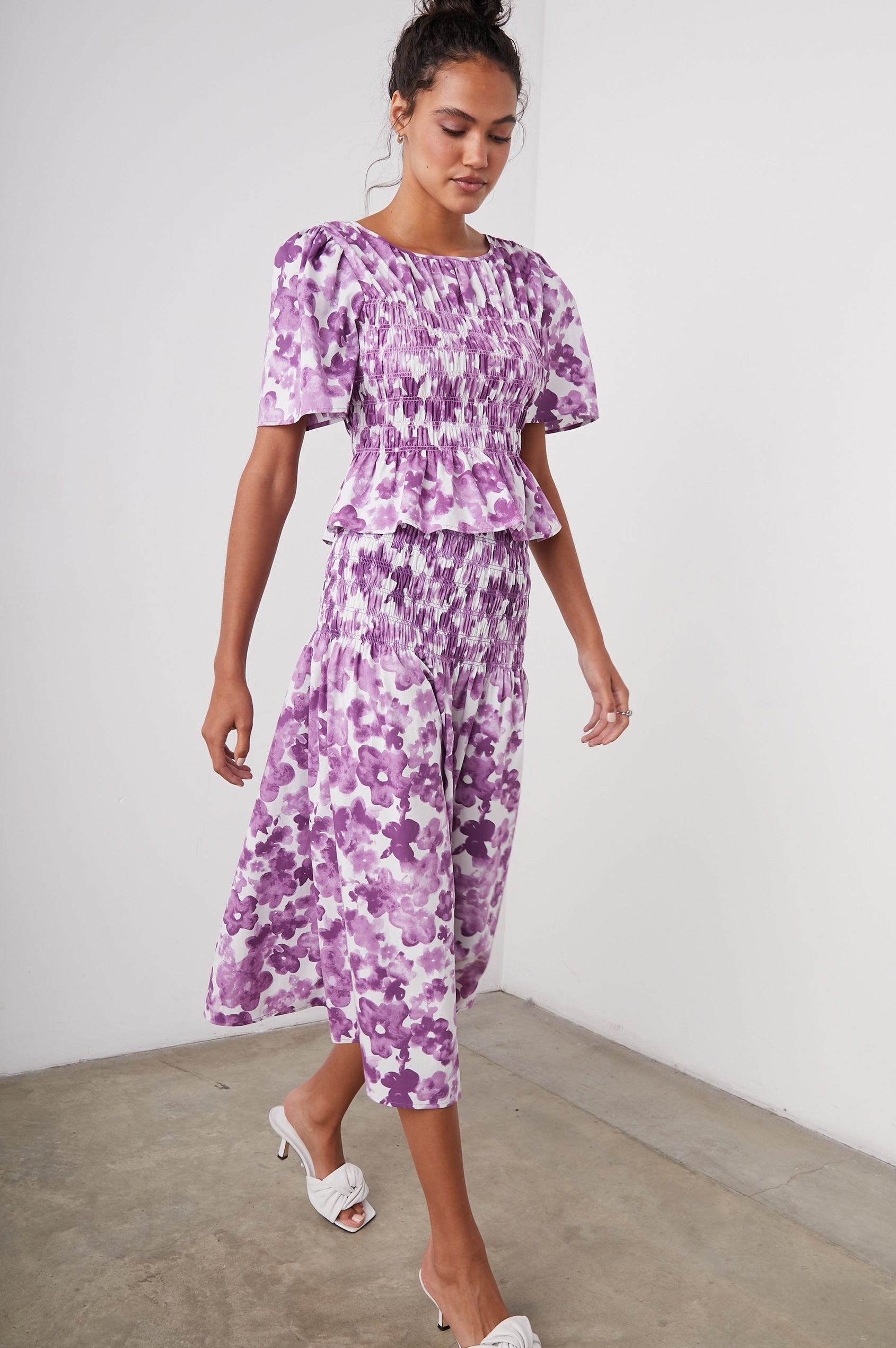 SELENA SKIRT - IRIS WATERCOLOR FLORAL - FRONT IN MOTION