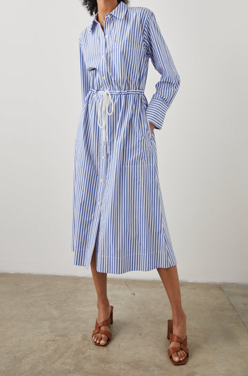 Shivonne Long-Sleeve Midi Dress with a Full Button Front, a Collar and a Drawcord Waist in Rivera Stripe Colorway, Blue and White Vertical Stripes - Front Full Body View Featured on Model