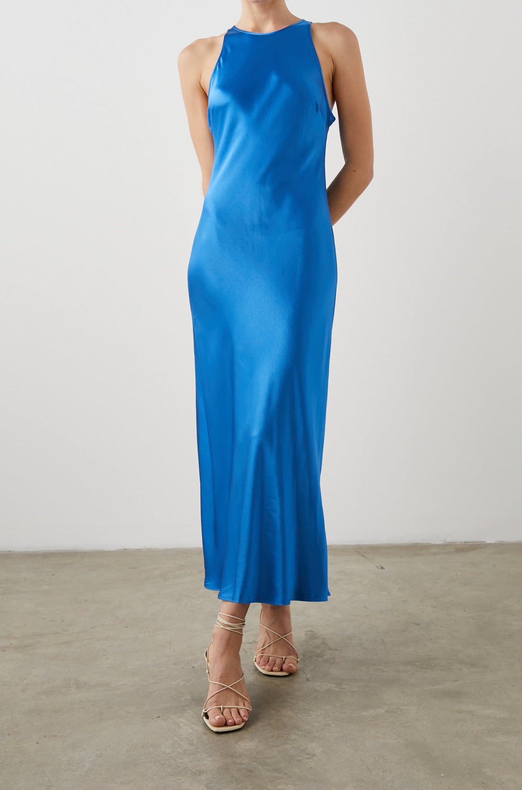 SOLENE DRESS COBALT - FRONT FULL BODY LEGS CROSSED