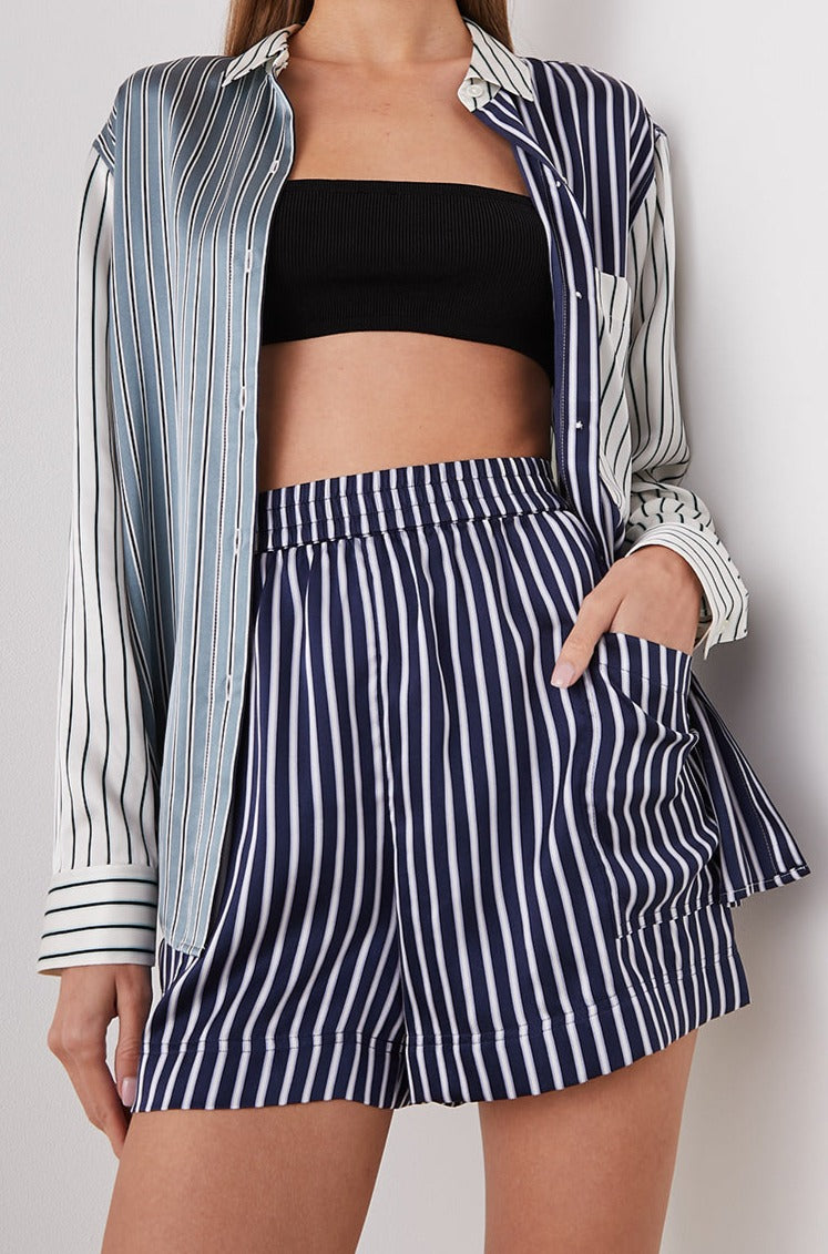 Spencer Long-Sleeve Button Up with Chest Patch Pocket in Kent Multi Stripe Colorway, Patches of different colored vertical and horizontal stripes in blue and whites - Front Unbuttoned View Featured on Model