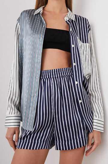 Spencer Long-Sleeve Button Up with Chest Patch Pocket in Kent Multi Stripe Colorway, Patches of different colored vertical and horizontal stripes in blue and whites - Front Unbuttoned View Featured on Model