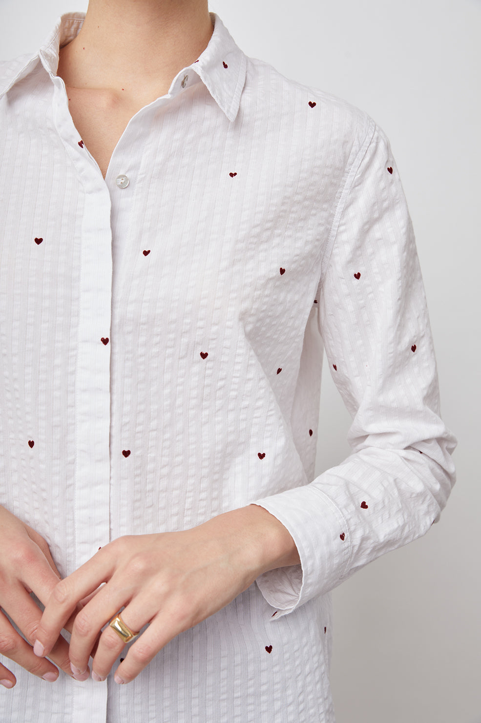Taylor Long-Sleeve Button Up with Small Red Hearts in Hearts Colorway, White with Alternating Textured Stripes - Front View Featured on Model
