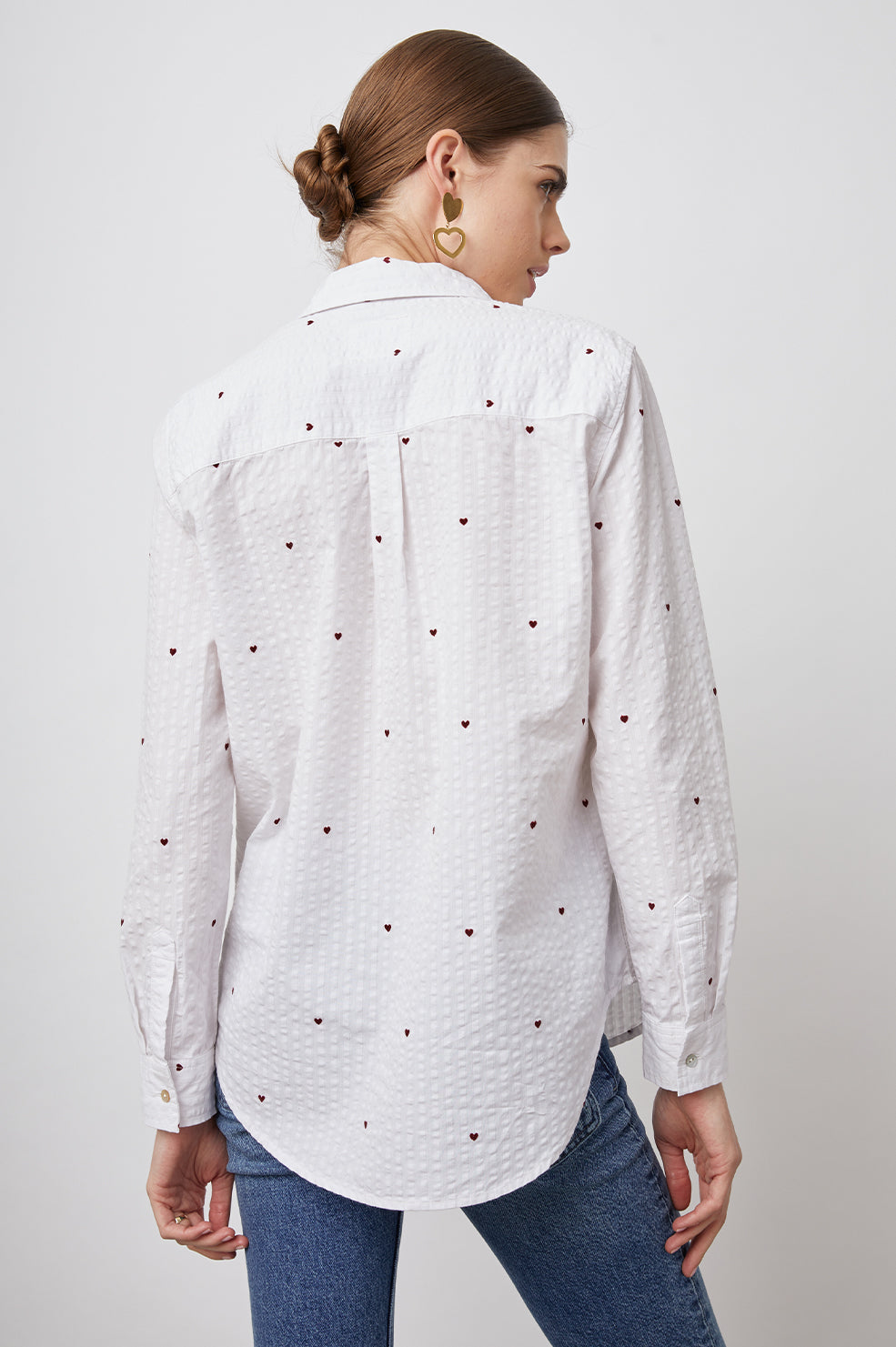 Taylor Long-Sleeve Button Up with Small Red Hearts in Hearts Colorway, White with Alternating Textured Stripes - Back View Featured on Model