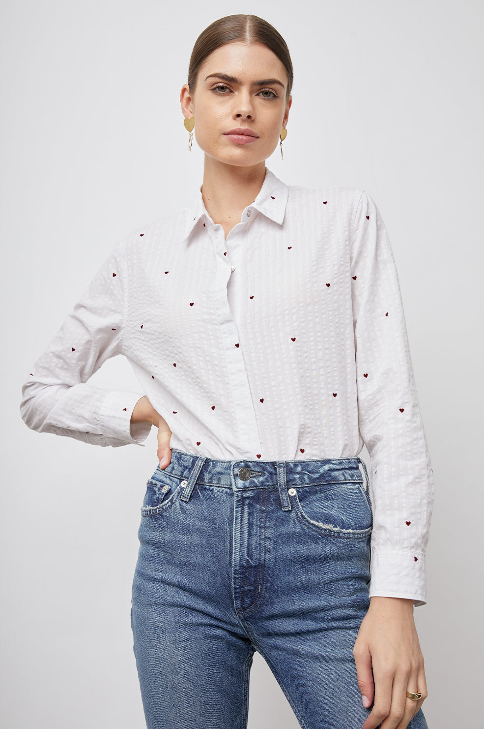Taylor Long-Sleeve Button Up with Small Red Hearts in Hearts Colorway, White with Alternating Textured Stripes - Front Tucked View Featured on Model