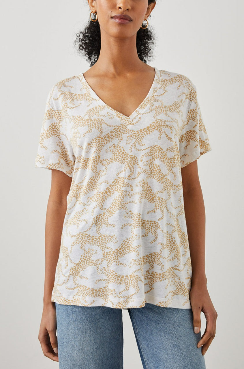 THE CARA V NECK SHIRT GOLD CHEETAH - FRONT UNTUCKED